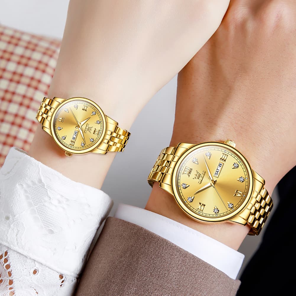 OLEVS Couple Watches Diamond Dial Day Date Quartz Watch 5525 Steel Band for His and Hers