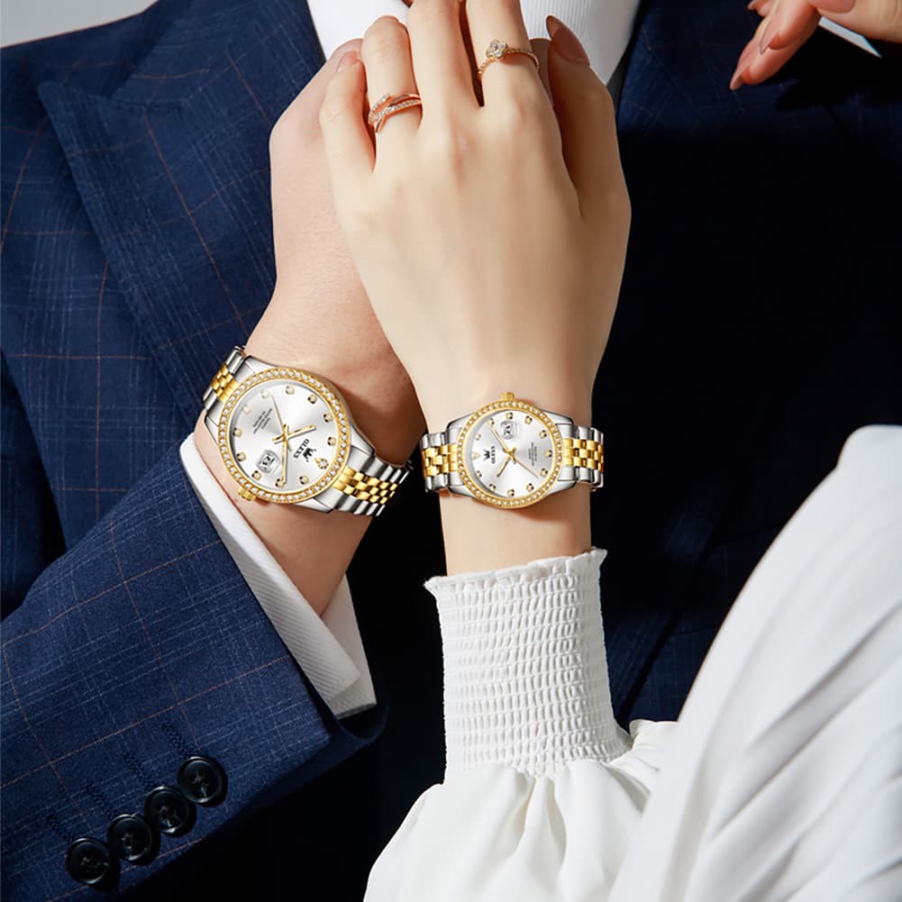 OLEVS 3629Q Diamond Bezel Quartz Couple Watches Set