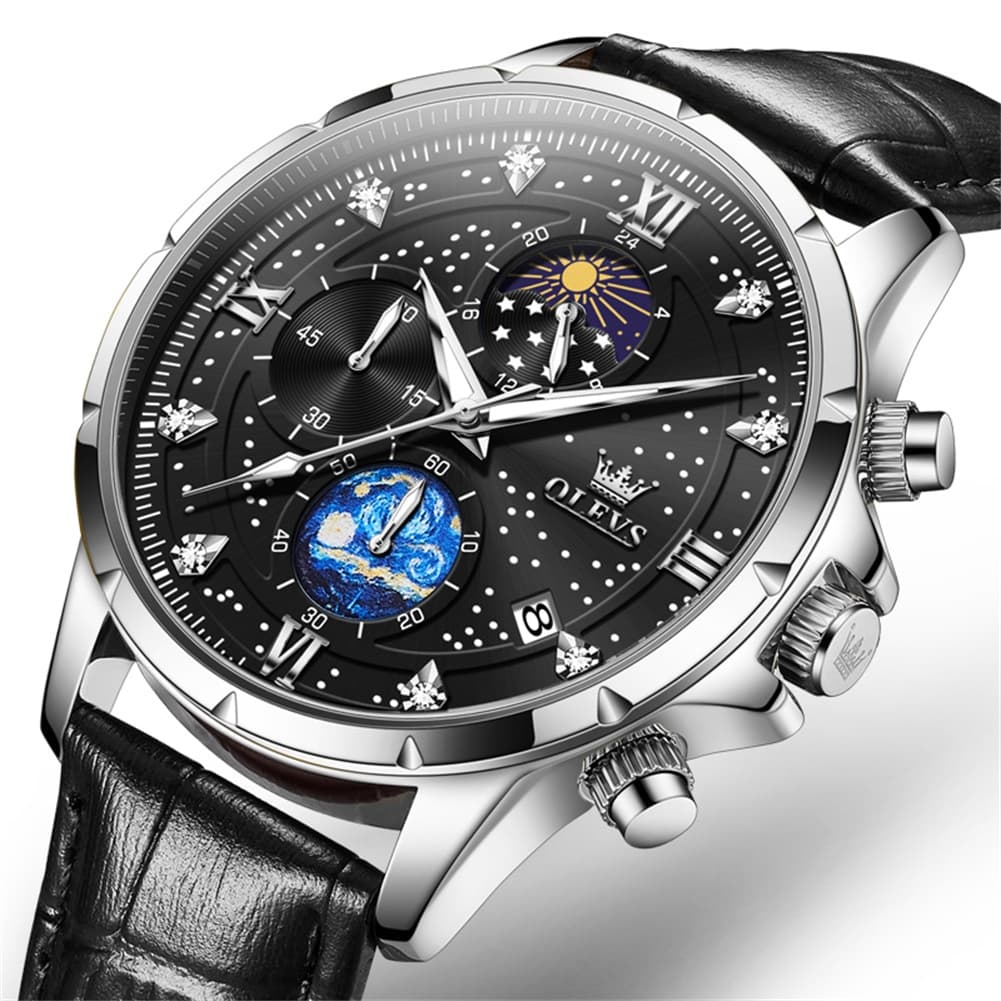 OLEVS 9807 Starry Moon Phase Chronograph Quartz Watch for Men