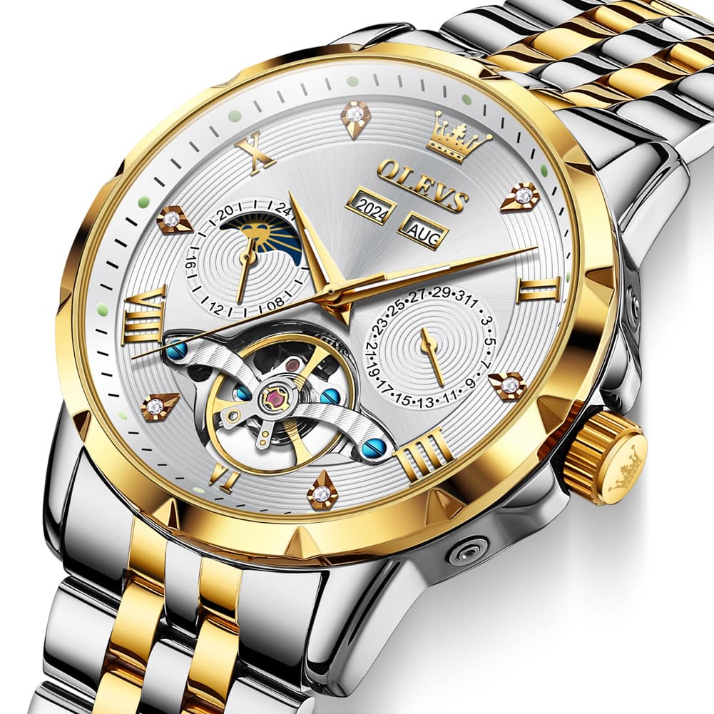 OLEVS 6691 Automatic Moon Phase Skeleton Steel Watch for Men
