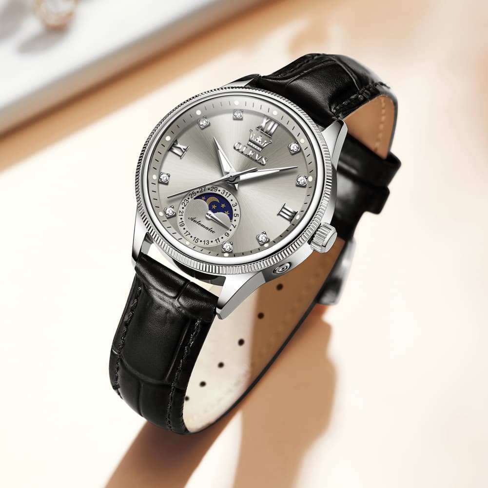 OLEVS 7039 Leather Moon Phase Mechanical Watch For Women