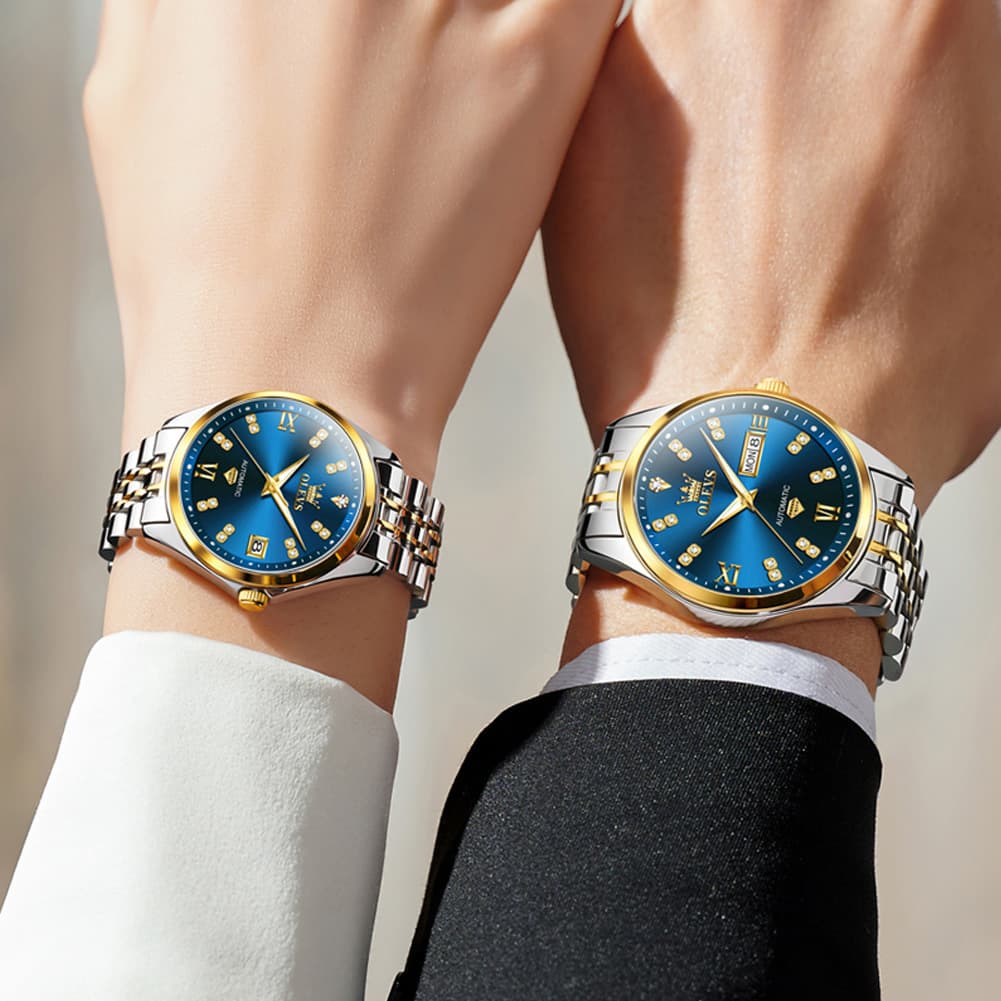 OLEVS Couple Watches Set Automatic Mechanical Diamond Dial 9801 for His and Hers