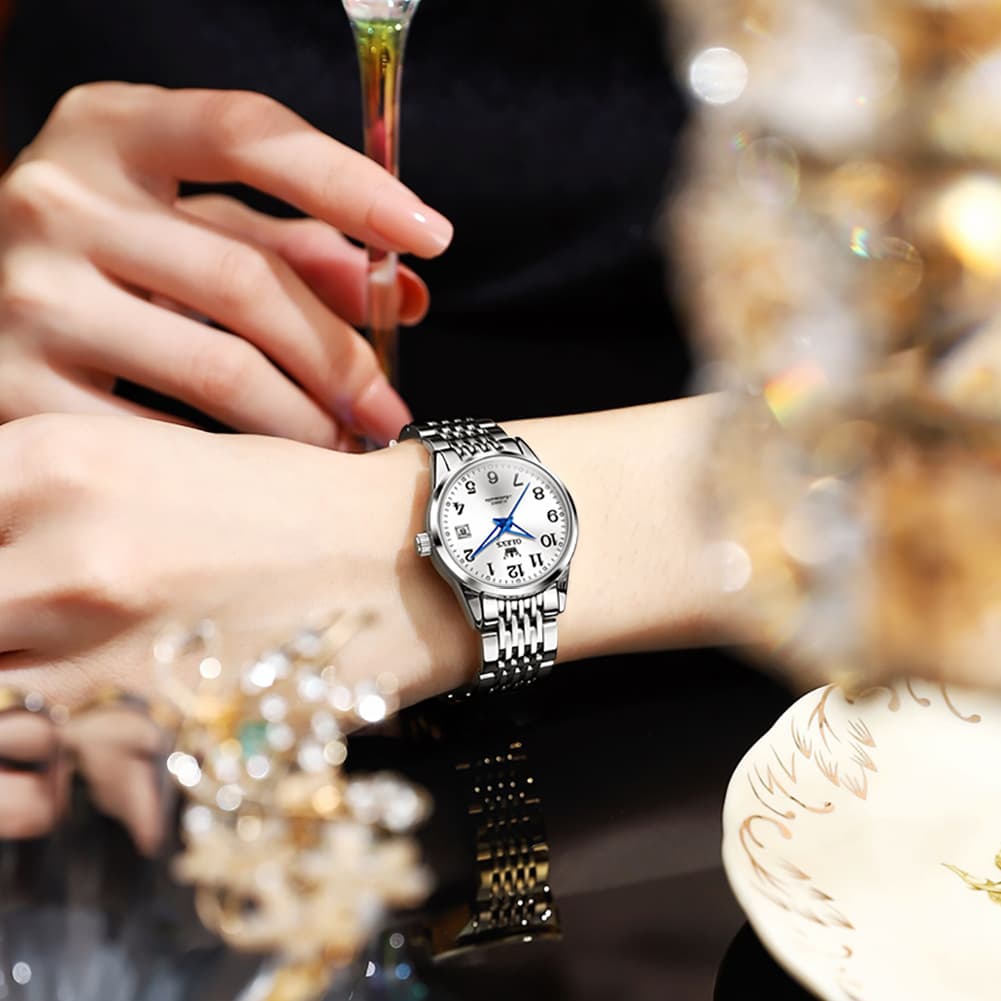 OLEVS 6666N Stainless Steel Mechanical Big Numeral Watch for Women