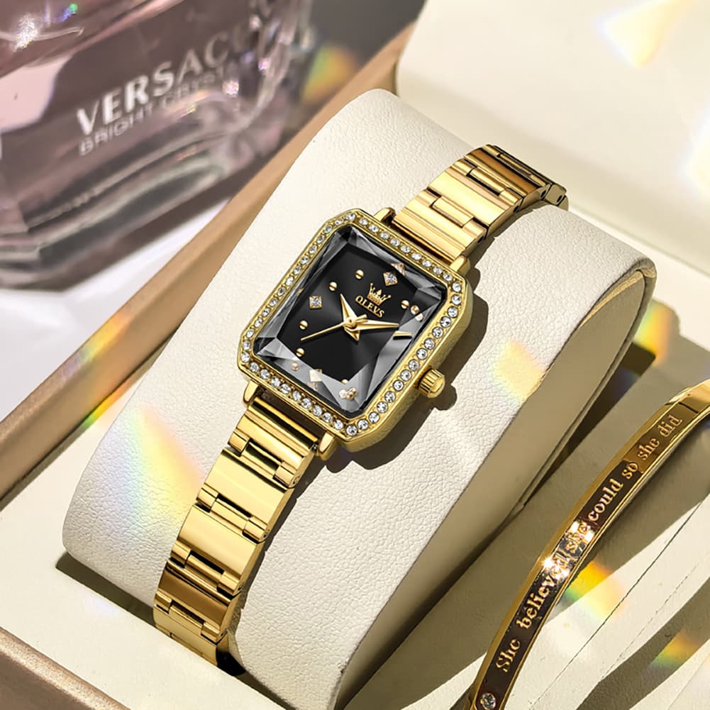 OLEVS 5688 Beveled Edge Crystal Rectangular Watch Diamond Bezel Stainless Steel Quartz Timepiece for Women