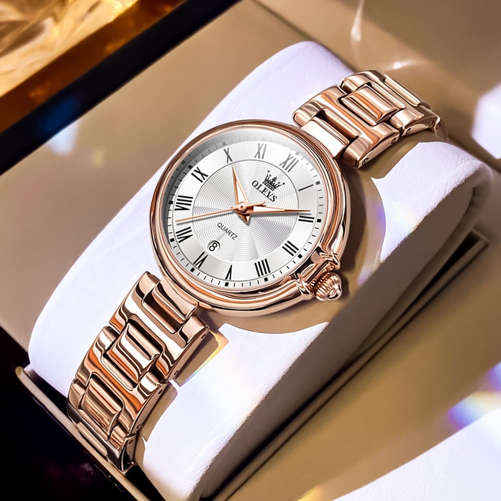 OLEVS Women Roman Numeral Dress Watch Sunray Dial Stainless Steel Date Quartz 5608