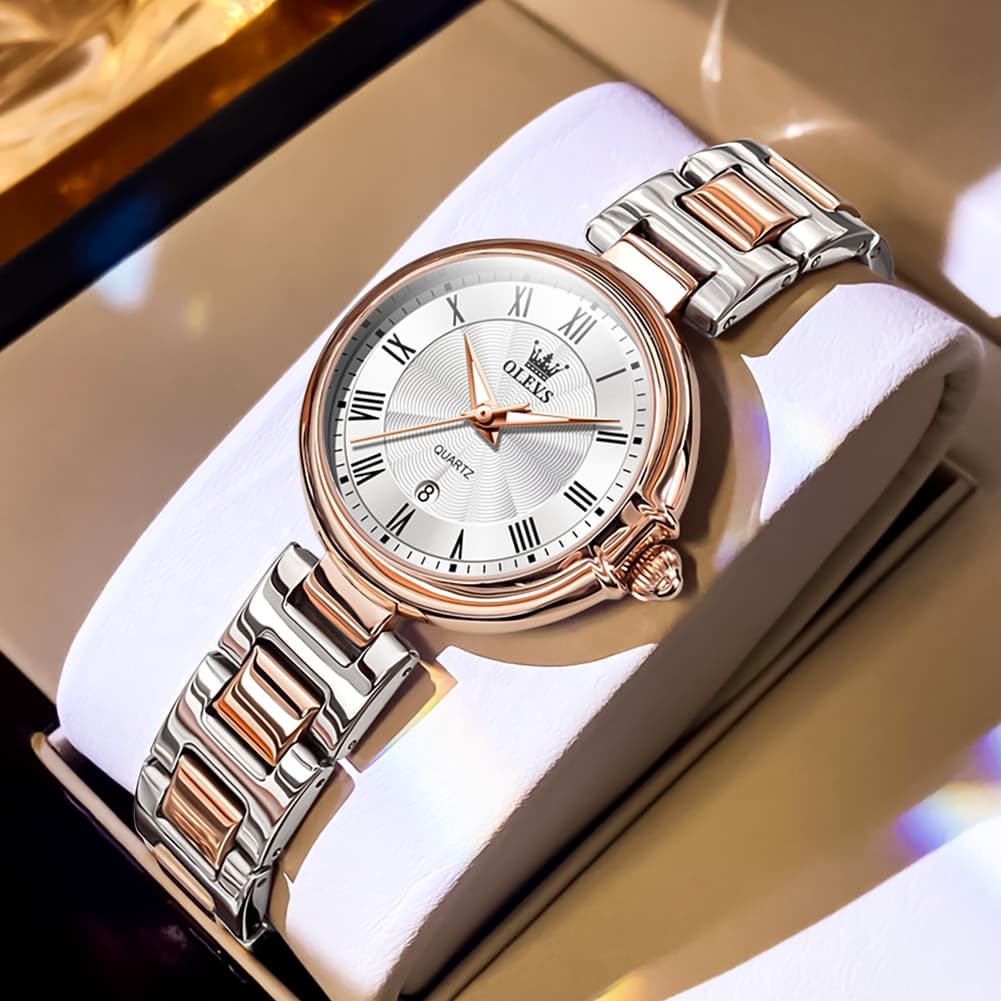 OLEVS Women Roman Numeral Dress Watch Sunray Dial Stainless Steel Date Quartz 5608