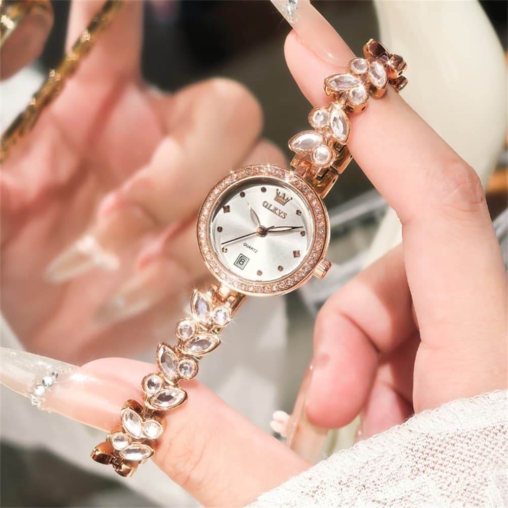 OLEVS 5679 Crystal Cluster Bracelet Watch Zircon Bezel Date Quartz Jewelry Timepiece for Women