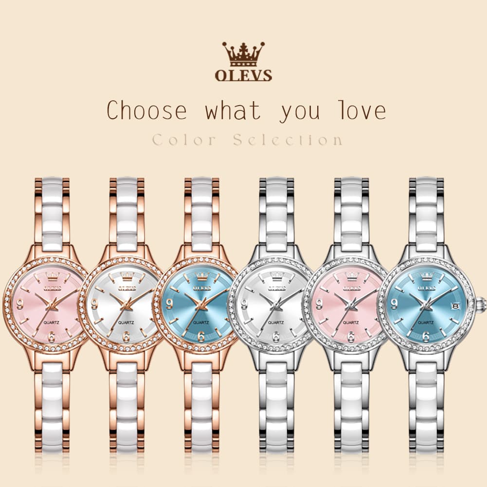 OLEVS 7093 White Ceramic Watch Women Dainty Diamond Bezel Date Quartz Jewelry Timepiece