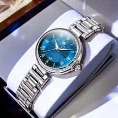 OLEVS Women Roman Numeral Dress Watch Sunray Dial Stainless Steel Date Quartz 5608