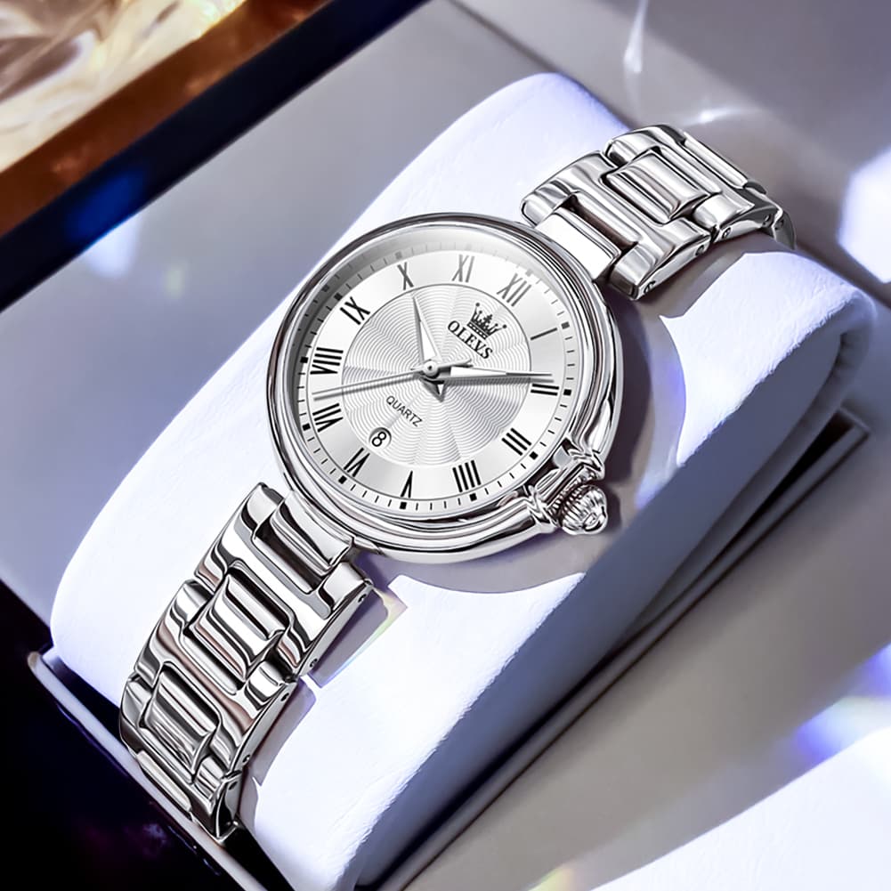 OLEVS Women Roman Numeral Dress Watch Sunray Dial Stainless Steel Date Quartz 5608