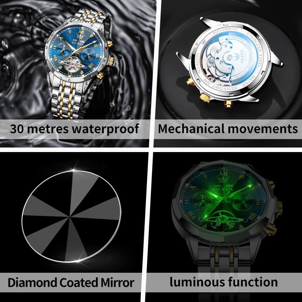 OLEVS 6620 Skeleton Moon Phase Mechanical Watch for Men