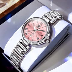 OLEVS Women Roman Numeral Dress Watch Sunray Dial Stainless Steel Date Quartz 5608