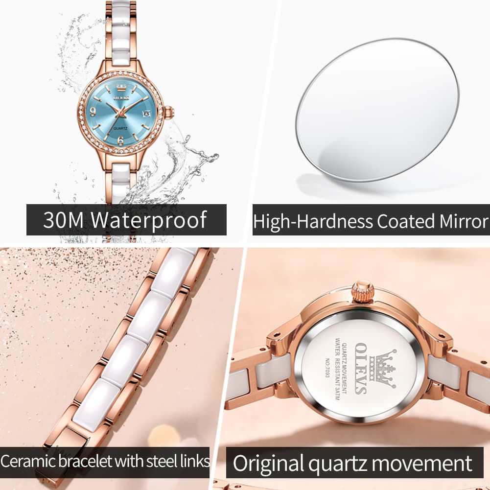 OLEVS 7093 White Ceramic Watch Women Dainty Diamond Bezel Date Quartz Jewelry Timepiece