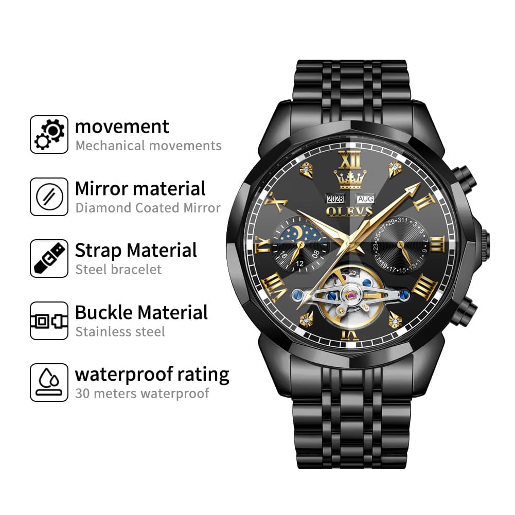 OLEVS 6620 Skeleton Moon Phase Mechanical Watch for Men