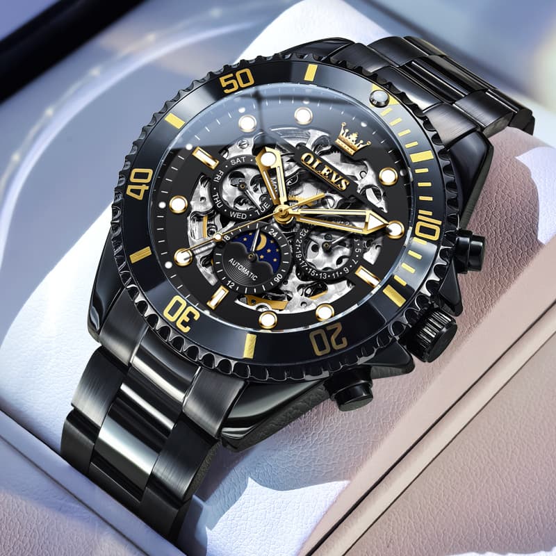 OLEVS 6715 Skeleton Multifunction Moon Phase Sports Mechanical Watch For Men