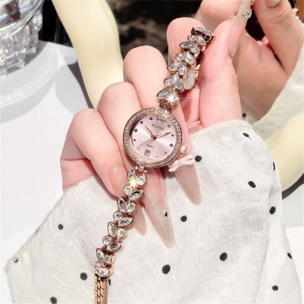 OLEVS 5679 Crystal Cluster Bracelet Watch Zircon Bezel Date Quartz Jewelry Timepiece for Women