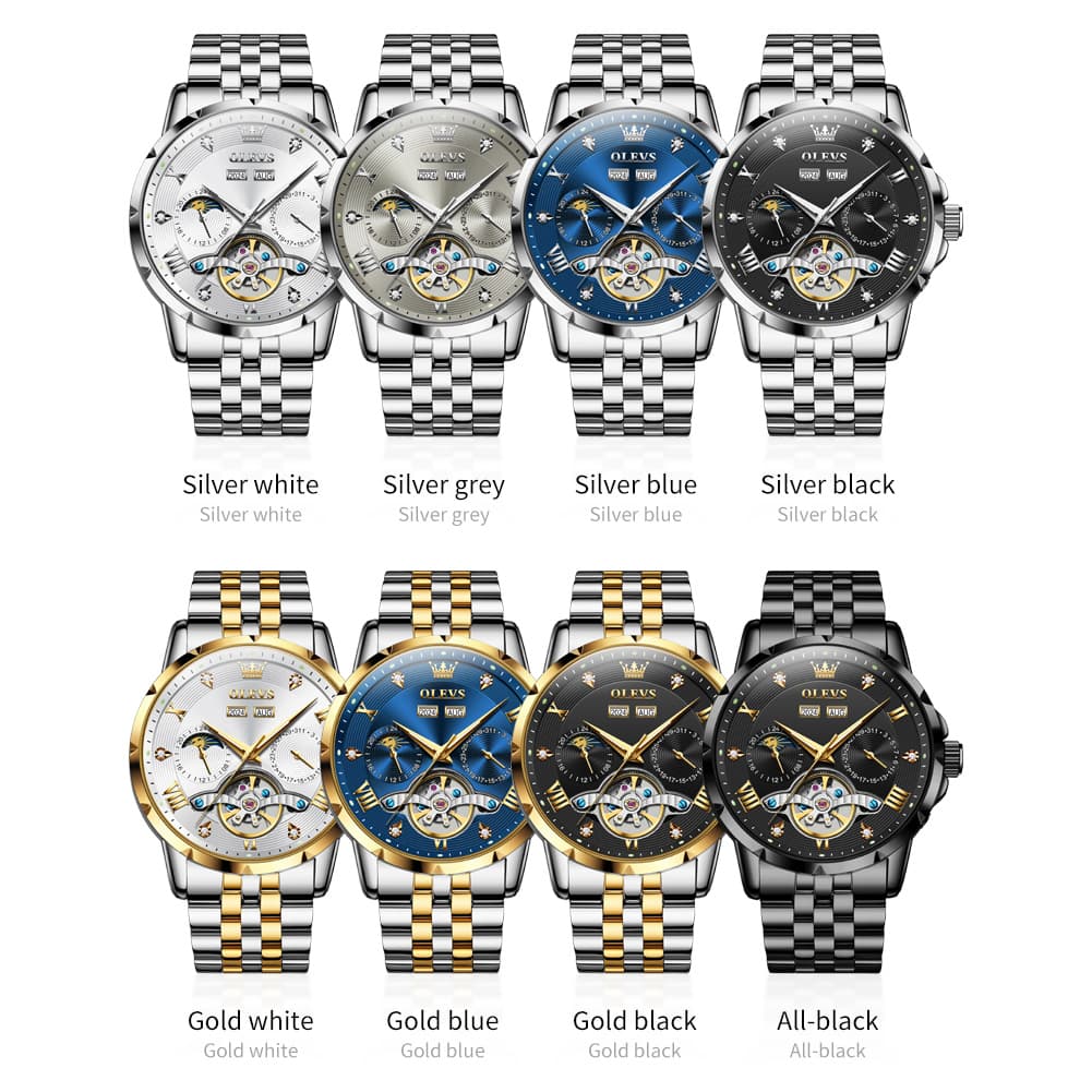 OLEVS 6691 Automatic Moon Phase Skeleton Steel Watch for Men
