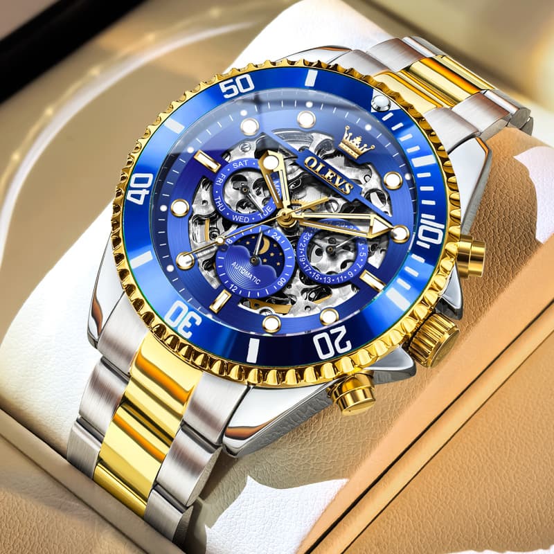 OLEVS 6715 Skeleton Multifunction Moon Phase Sports Mechanical Watch For Men