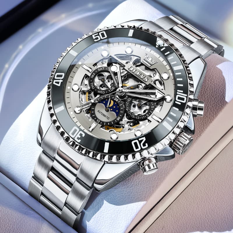 OLEVS 6715 Skeleton Multifunction Moon Phase Sports Mechanical Watch For Men