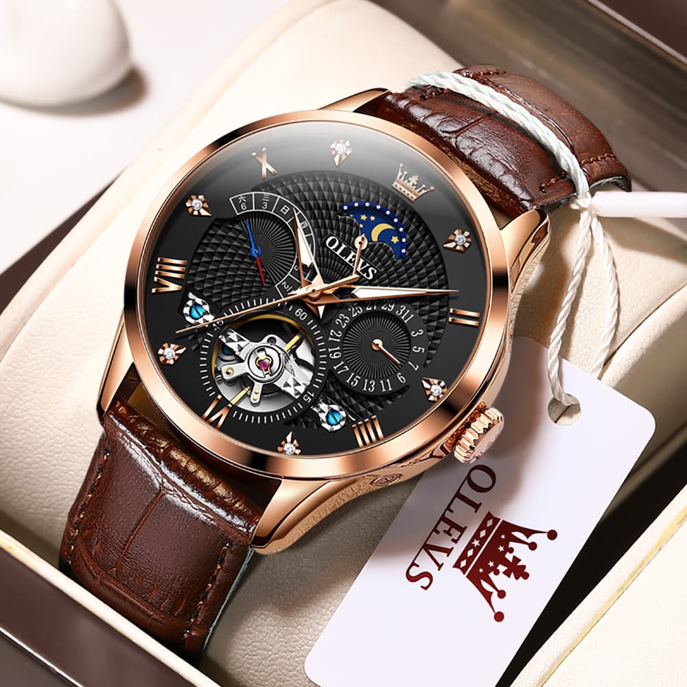 OLEVS 6652 Leather Mechanical Moon Phase Watch for Men