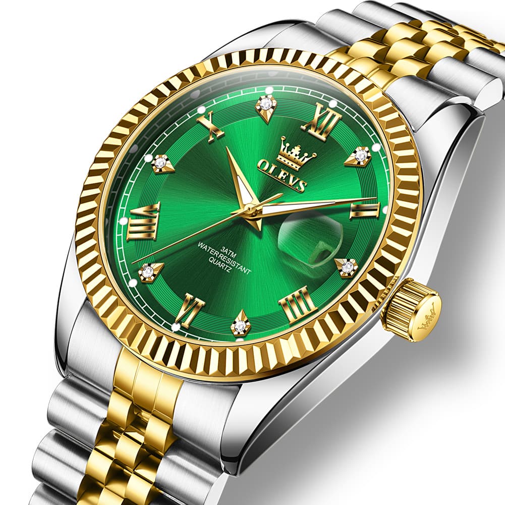 OLEVS 5680 Fluted Bezel Roman Diamond Dial Watch Stainless Steel Jubilee Bracelet Quartz Timepiece for Men