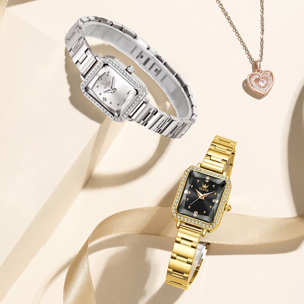 OLEVS 5688 Beveled Edge Crystal Rectangular Watch Diamond Bezel Stainless Steel Quartz Timepiece for Women