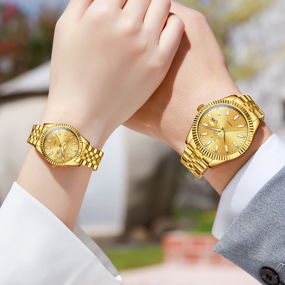 OLEVS Couple Watch Fluted Bezel Two Tone Stainless Steel Date Quartz 5593