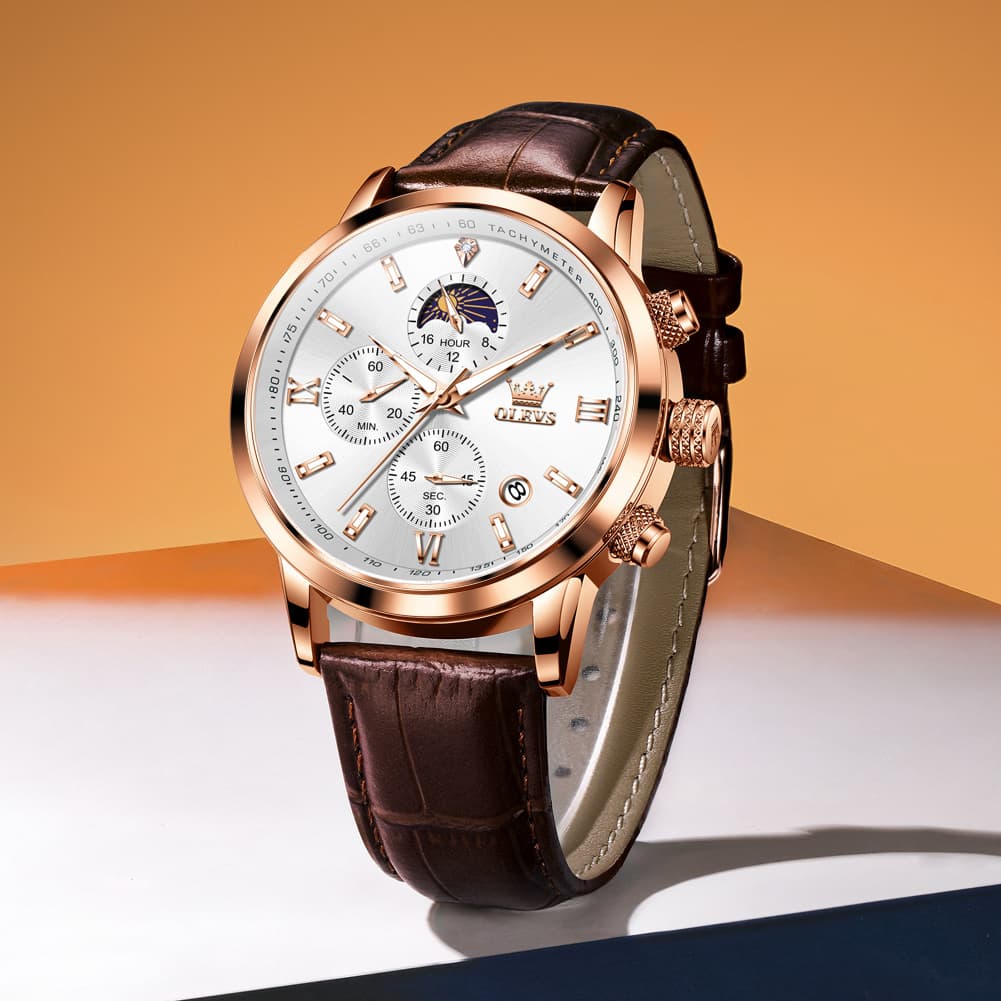 OLEVS 9812 Moon Phase Chronograph Leather Watch for Men