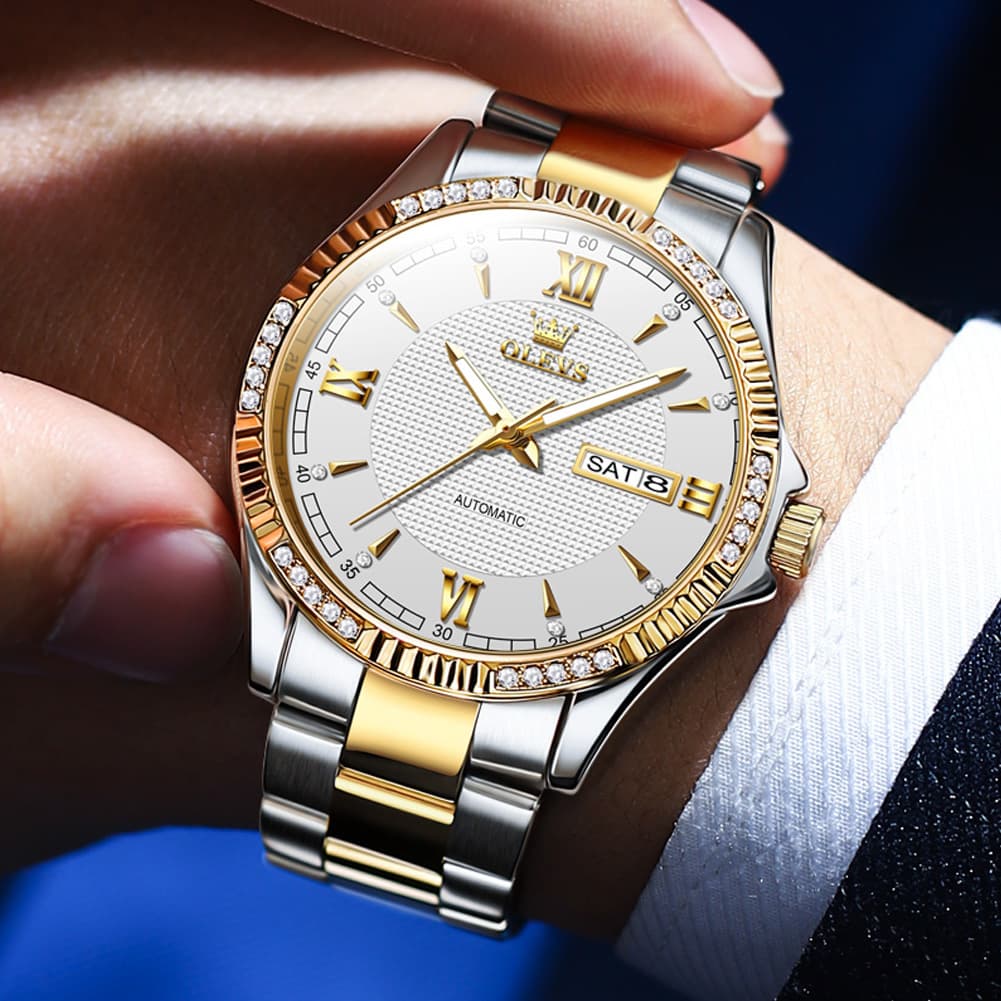 OLEVS 6676 Diamond Bezel Automatic Steel Watch for Men
