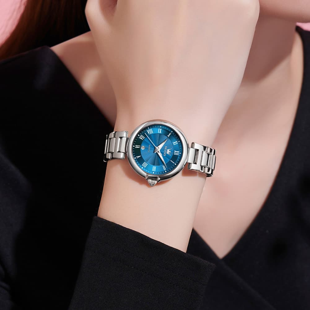 OLEVS Women Roman Numeral Dress Watch Sunray Dial Stainless Steel Date Quartz 5608