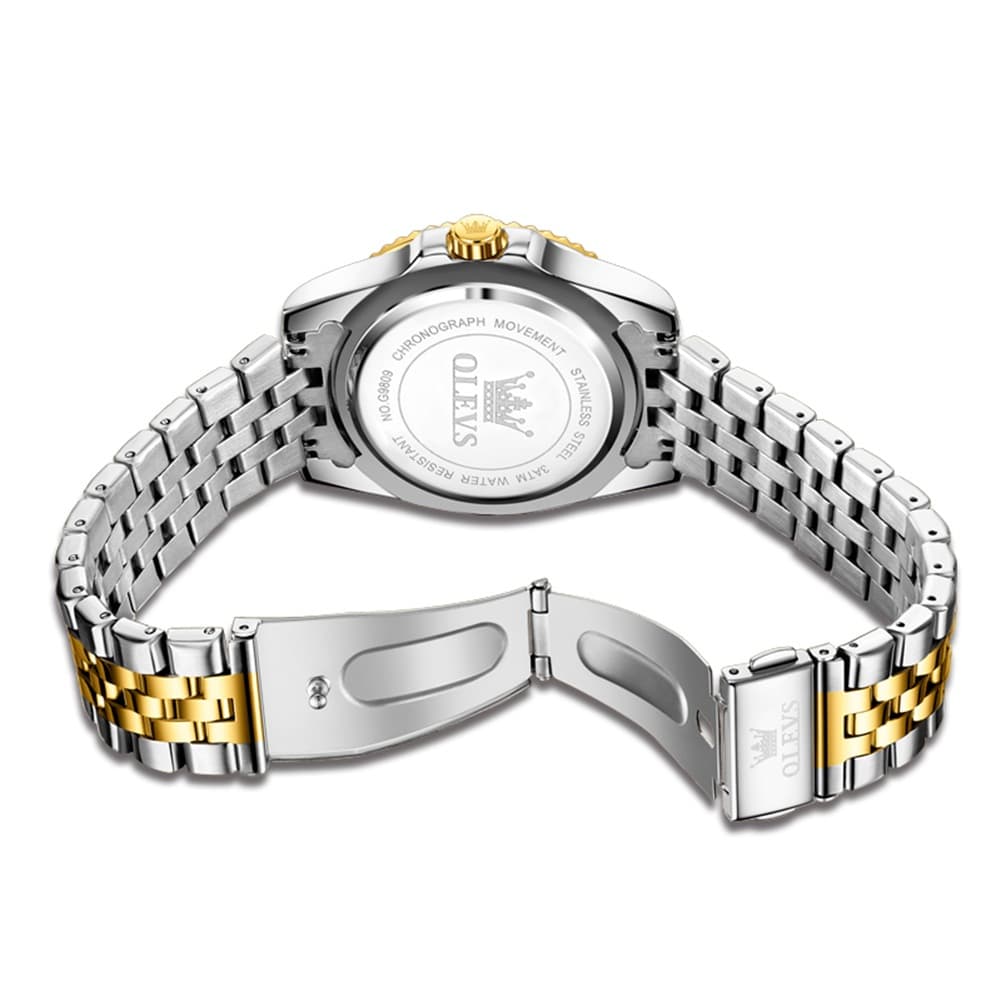 OLEVS 9809 Rotating Bezel Diamond Dial Stainless Steel Quartz Watch for Men