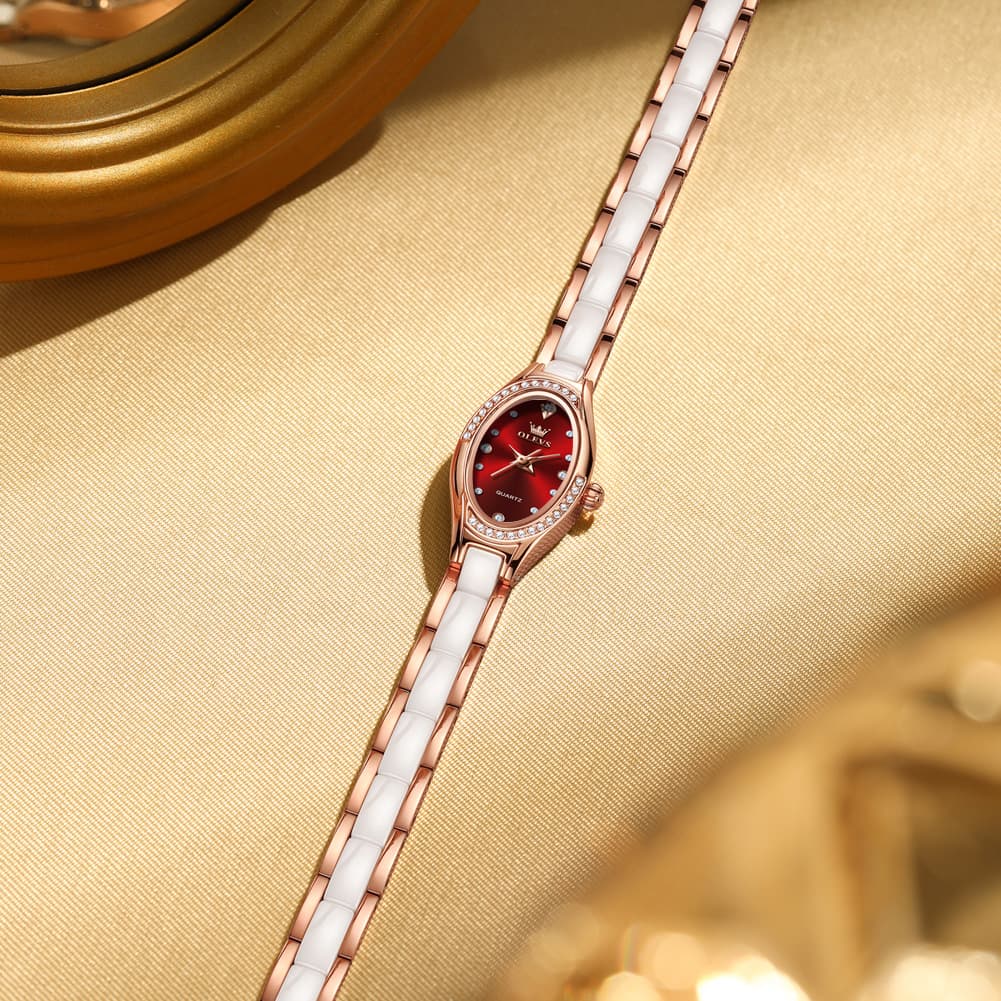 OLEVS Oval Ceramic Bracelet Diamond Watch 7131 for Women