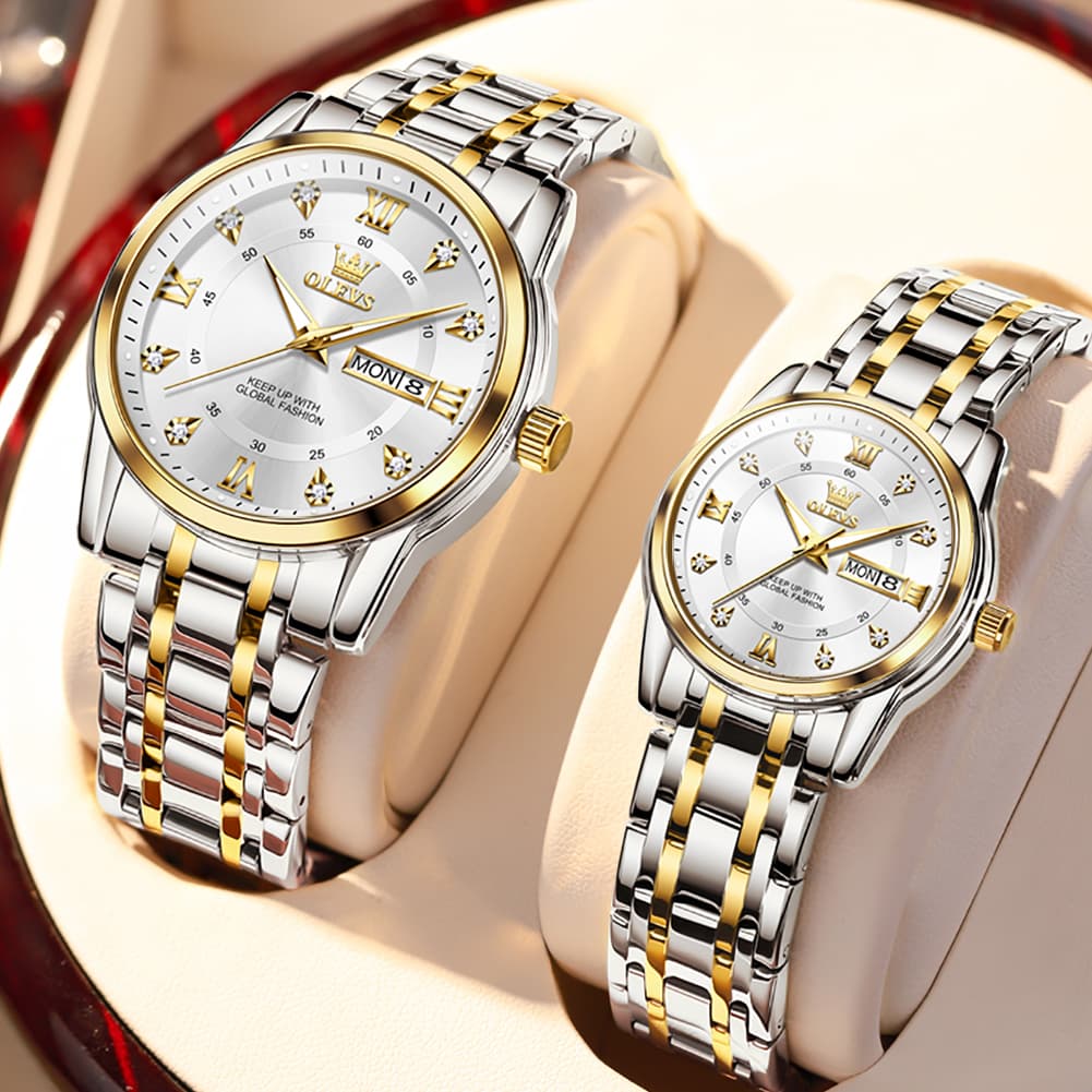 OLEVS Couple Watches Diamond Dial Day Date Quartz Watch 5513 Steel Band for His and Hers