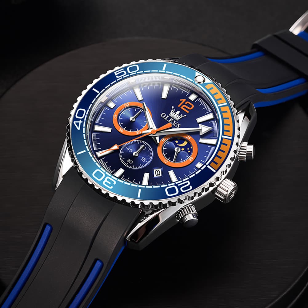 OLEVS 9916 Silicone Strap Moon Phase Chronograph Watch for Men