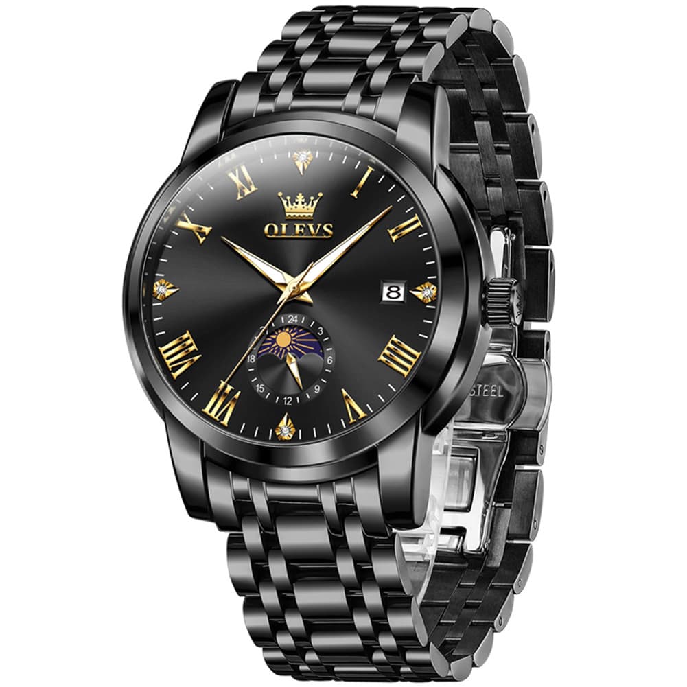 OLEVS 3656 Minimalist Moon Phase Roman Dial Stainless Steel Watch For Men