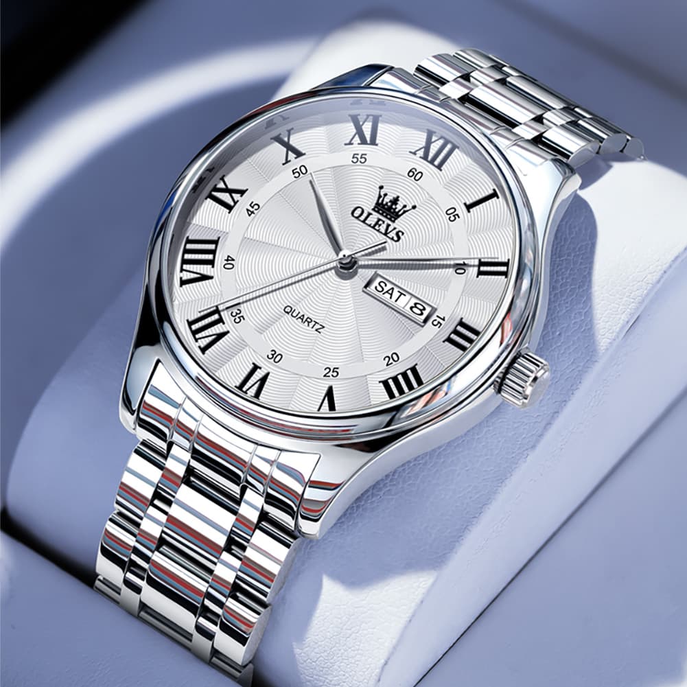 OLEVS 3663 Rosebud Roman Dial Day Date Quartz Watch For Men