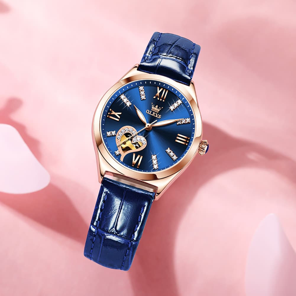 OLEVS 6636 Leather Skeleton Mechanical Watch for Women