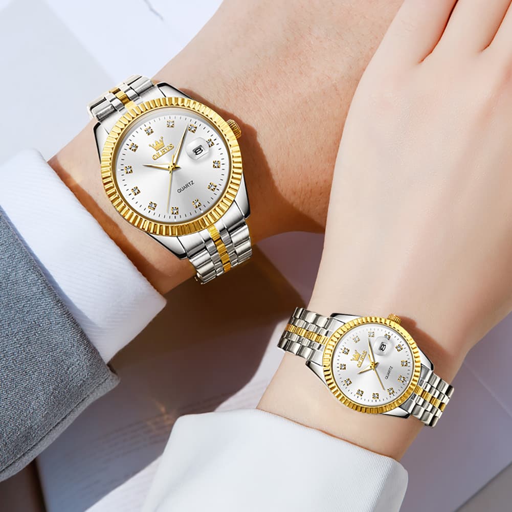 OLEVS Couple Watches Fluted Bezel Diamond Dial Quartz Watch 5526 Jubilee Band for His and Hers