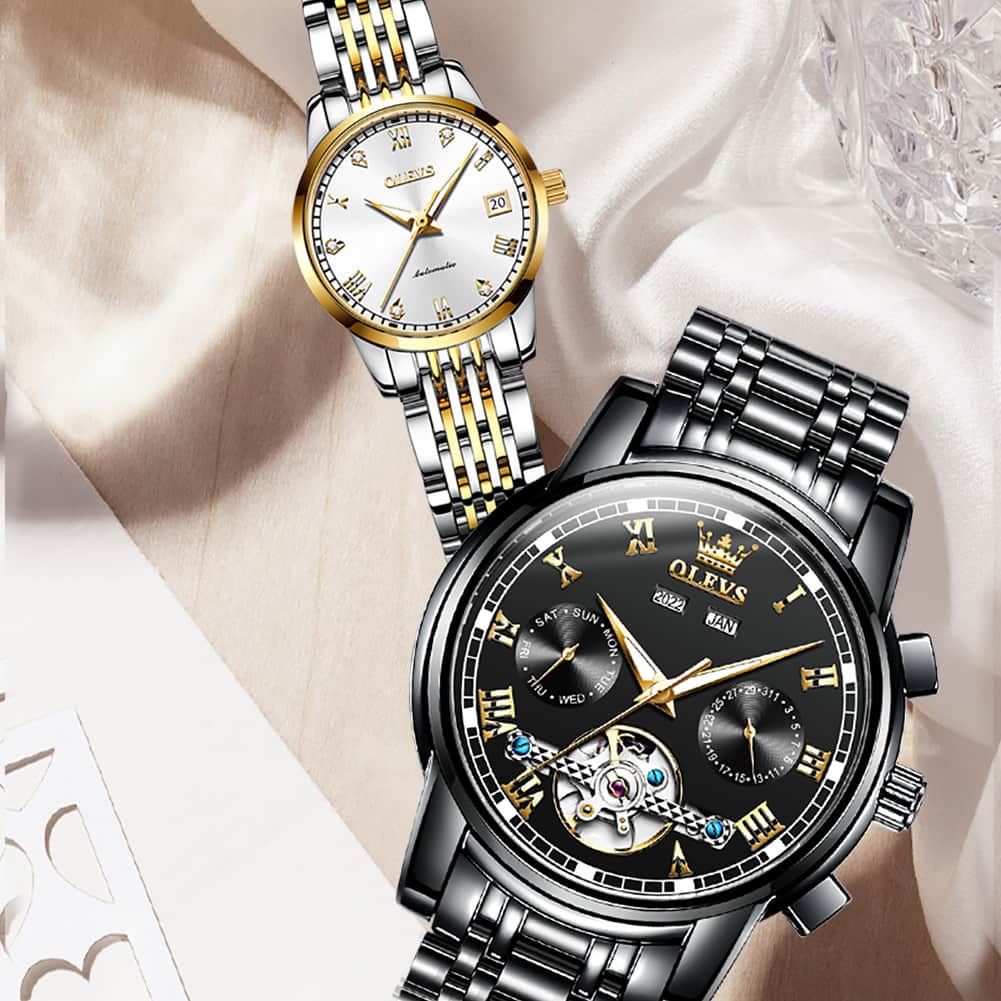 OLEVS 6607 Open Heart Automatic Mechanical Couple Watch Set