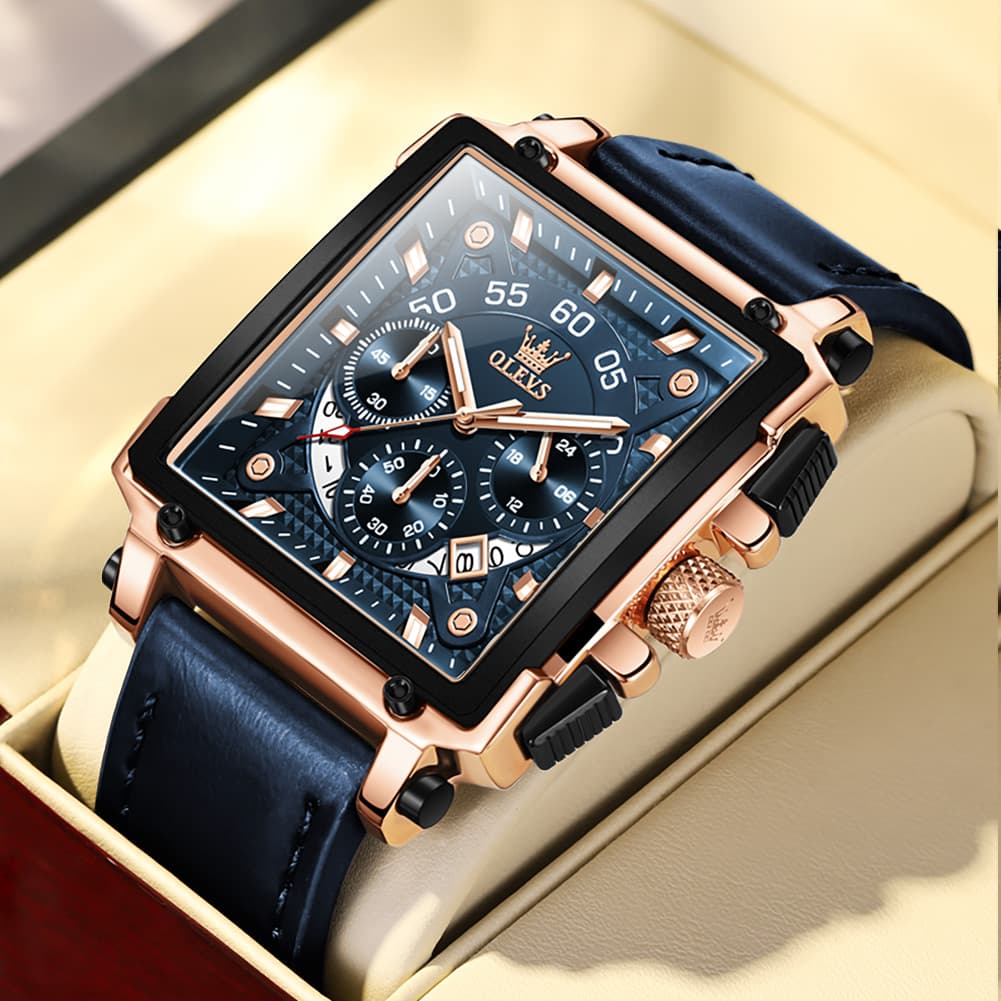 OLEVS 9919 Large Square Chronograph Leather Watch for Men