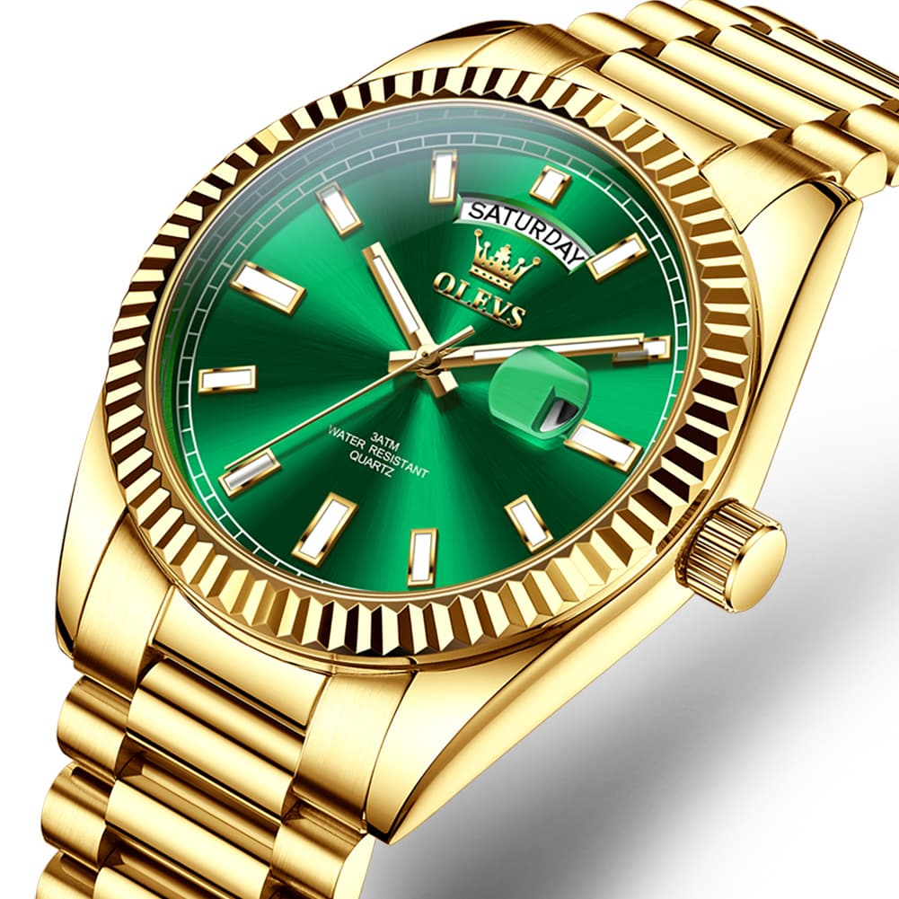 OLEVS 5650 Fluted Bezel Day Date Watch Stainless Steel Quartz Luxury Timepiece for Men