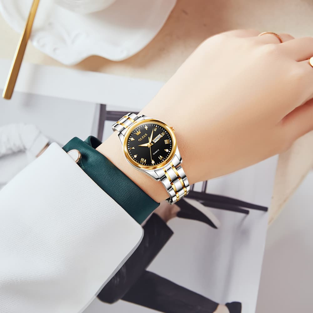 OLEVS Women Diamond Dress Watch Two Tone Stainless Steel Quartz Day Date 5563