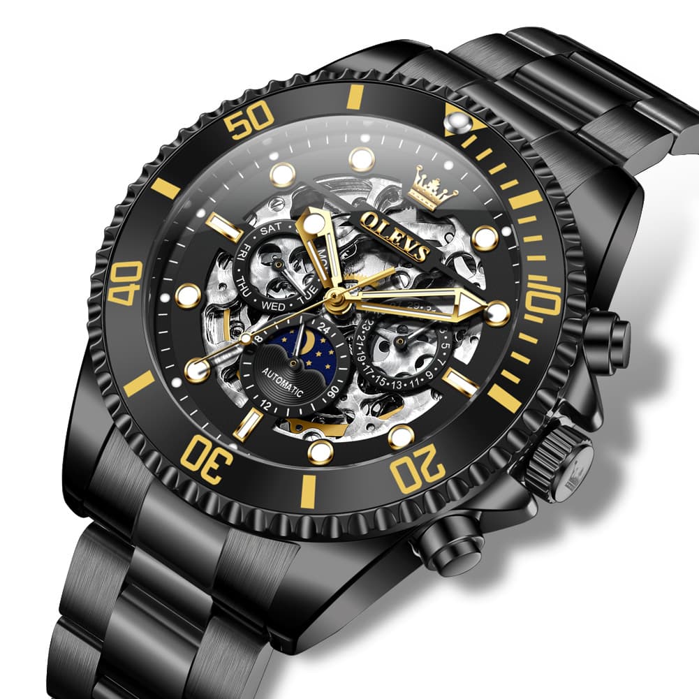 OLEVS 6715 Skeleton Multifunction Moon Phase Sports Mechanical Watch For Men