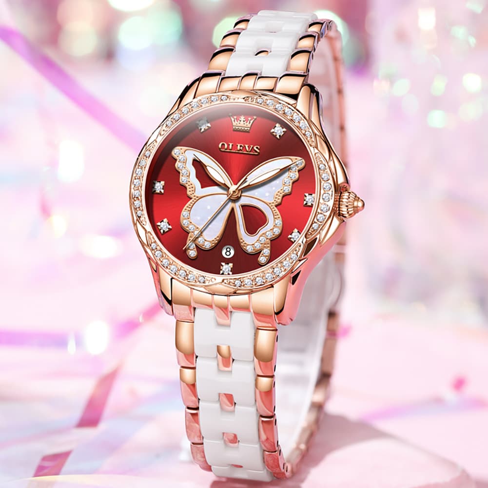 OLEVS Women Butterfly Watch Ceramic Rose Gold Diamond Date Quartz 5610