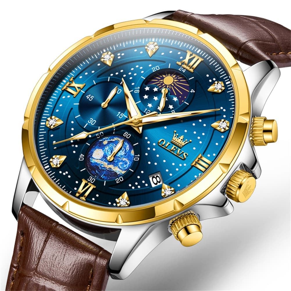 OLEVS 9807 Starry Moon Phase Chronograph Quartz Watch for Men