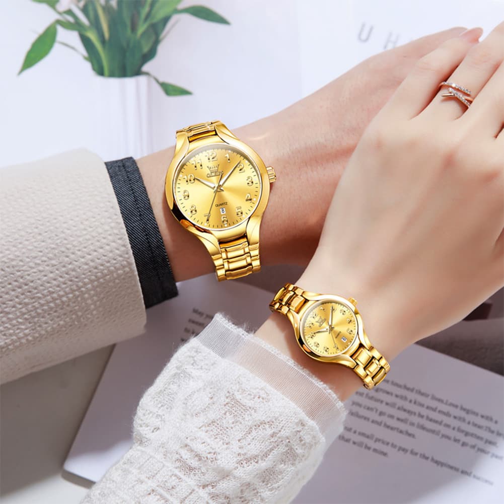 OLEVS 3650 Classic Gold Quartz Watch for Men & Women (His & Hers)