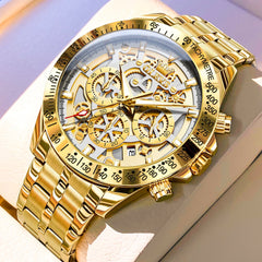 OLEVS 9913 Skeleton Dial Chronograph Gold Quartz Watch for Men