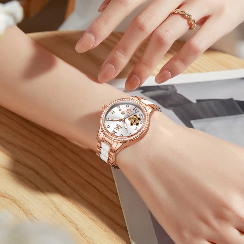 OLEVS 7074 Ceramic Open Heart Automatic Watch For Women