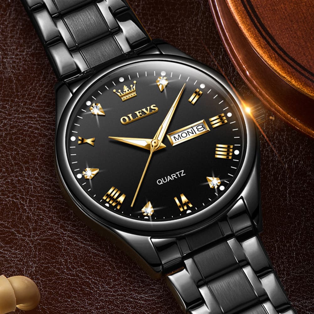 OLEVS 5563 Luxury Diamond Dial Quartz Stainless Steel Day Date Watch for Men