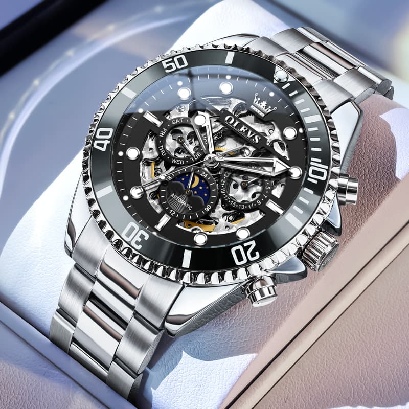 OLEVS 6715 Skeleton Multifunction Moon Phase Sports Mechanical Watch For Men